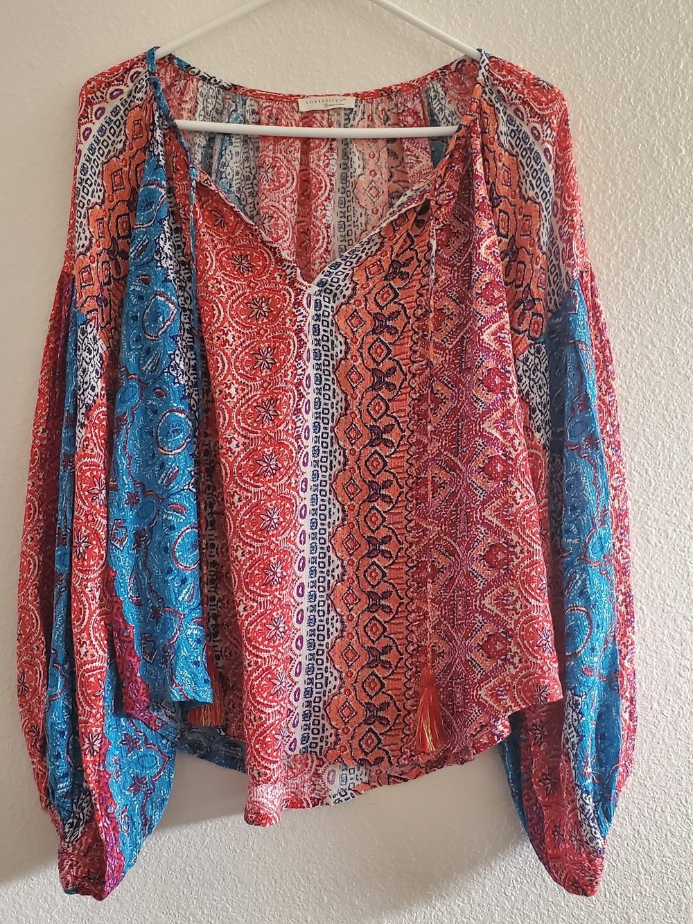 lovestitch Mixed-Print Boho Blouse in Red,Blue And Cream Size S
